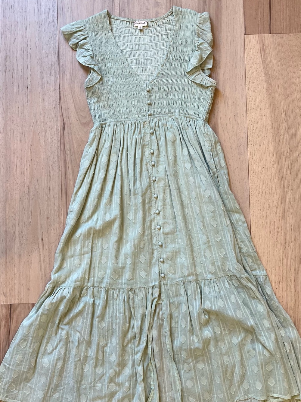 Light Sage Button-Front Maxi Dress with Ruffle Sleeves Hem and Thread